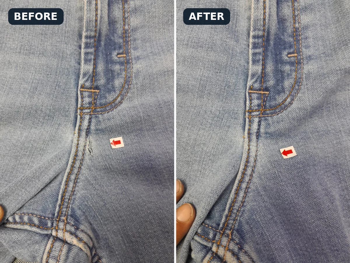 Jeans seam defect correction before and after